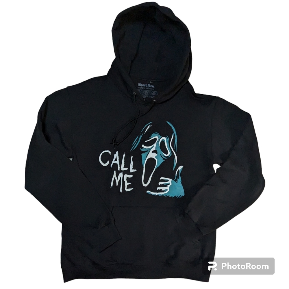 Hot Topic Ghost Face Sweatshirt Hoodie Sz Medium Black Front Pocket Long Sleeve - Picture 9 of 13